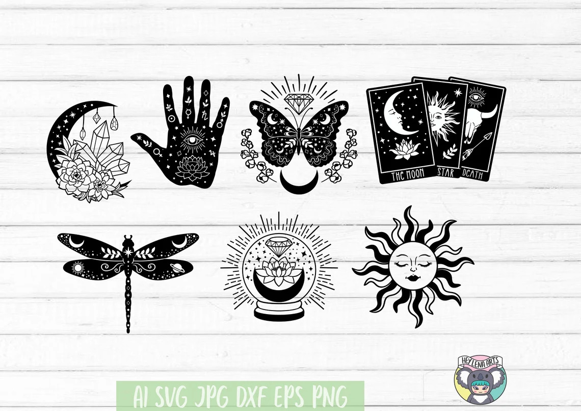 Symbols of magic hand, butterfly, sun and others.
