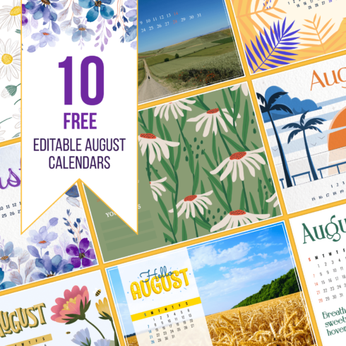 10 Free Editable August Calendars Cover Image.