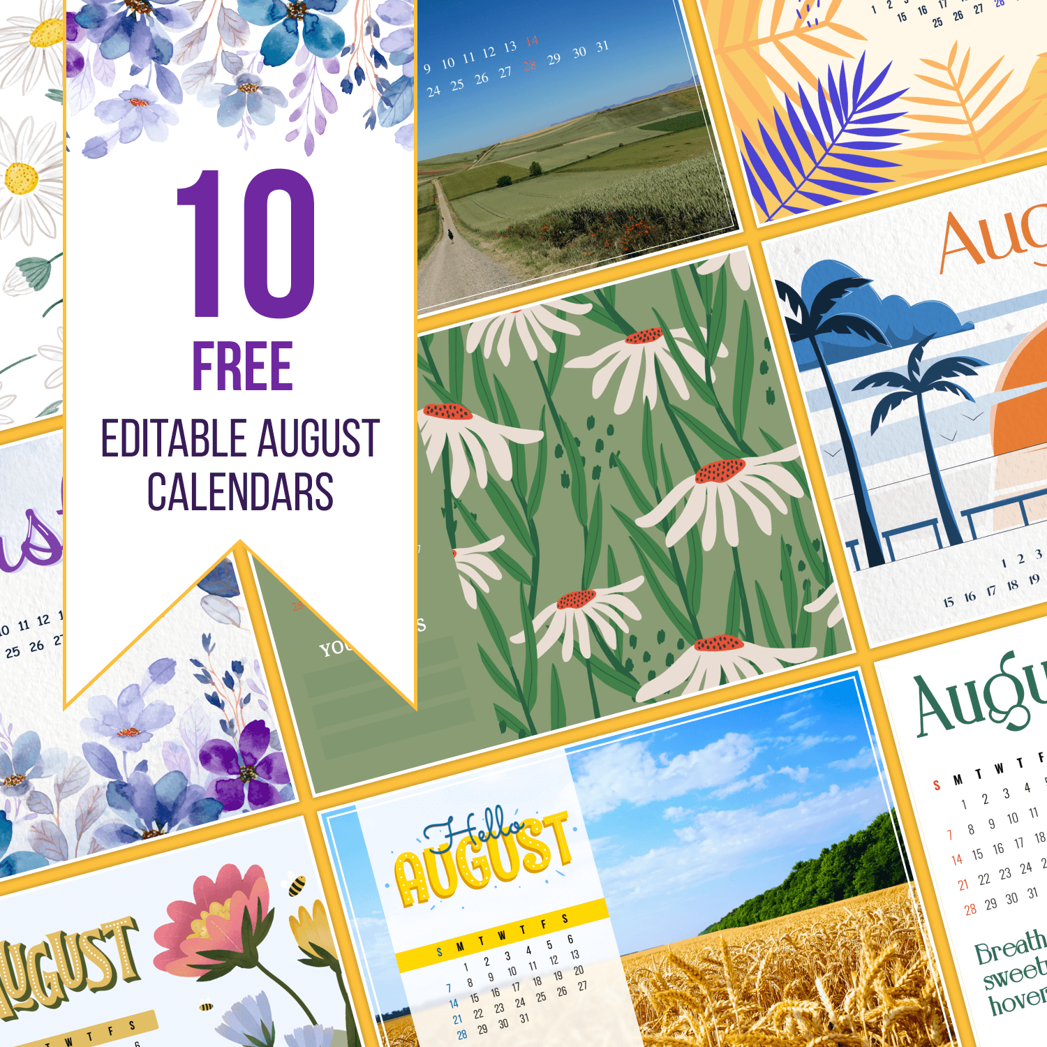 Free Chamomile August Fully Editable Printable Calendar MasterBundles