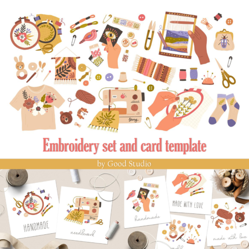 Embroidery set and card template for facebook.