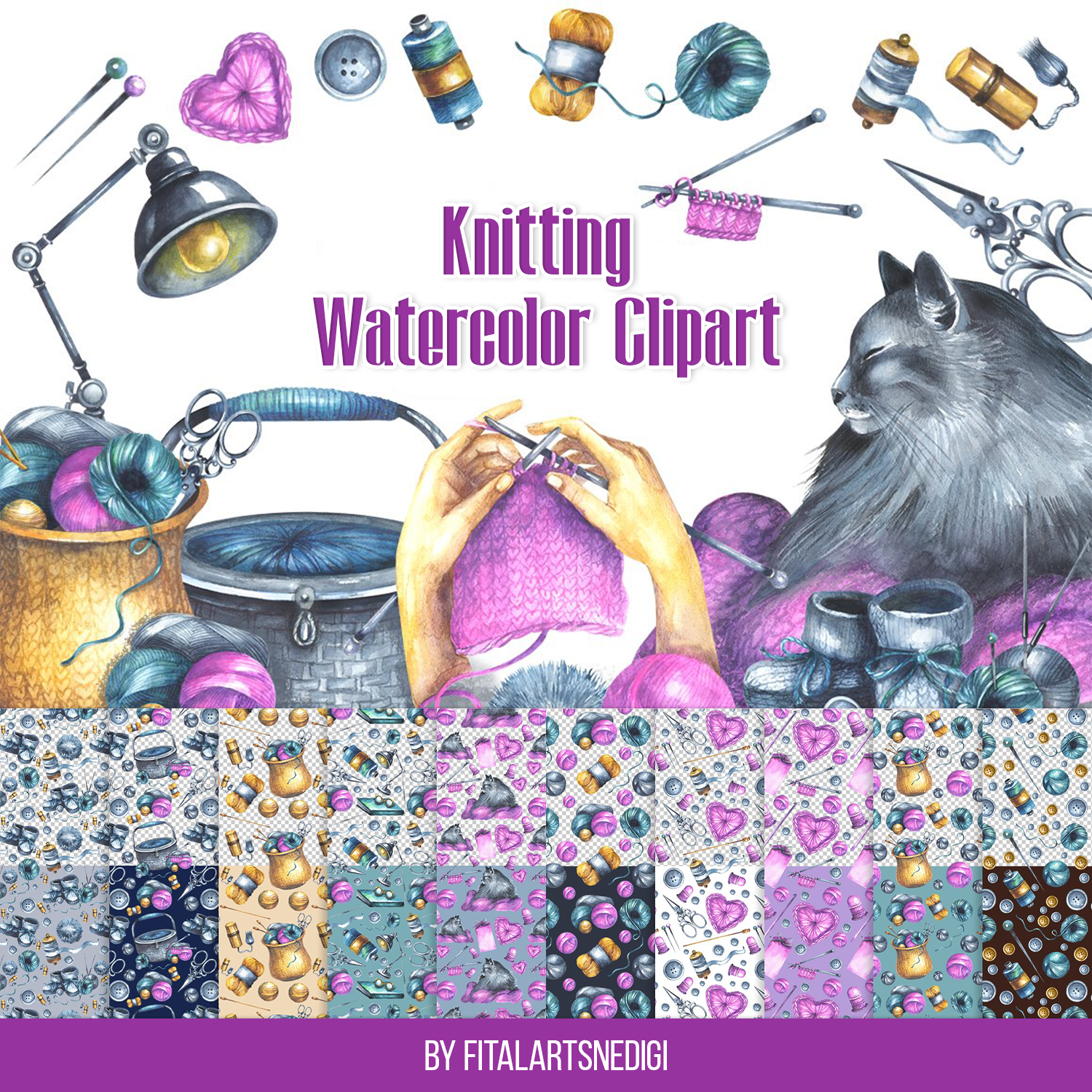 Knitting watercolor clipart for facebook.