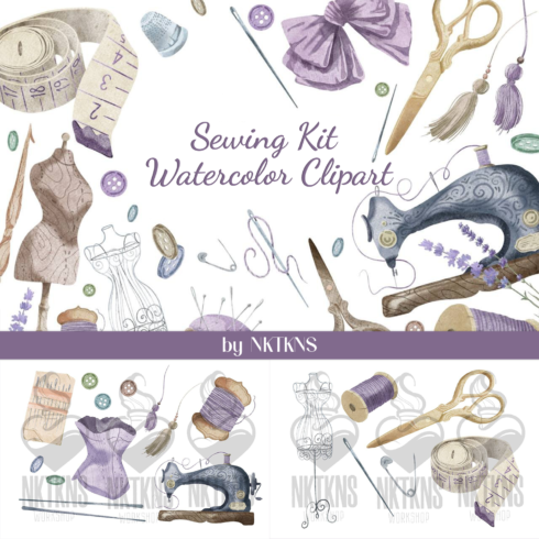Sewing kit watercolor clipart for facebook.