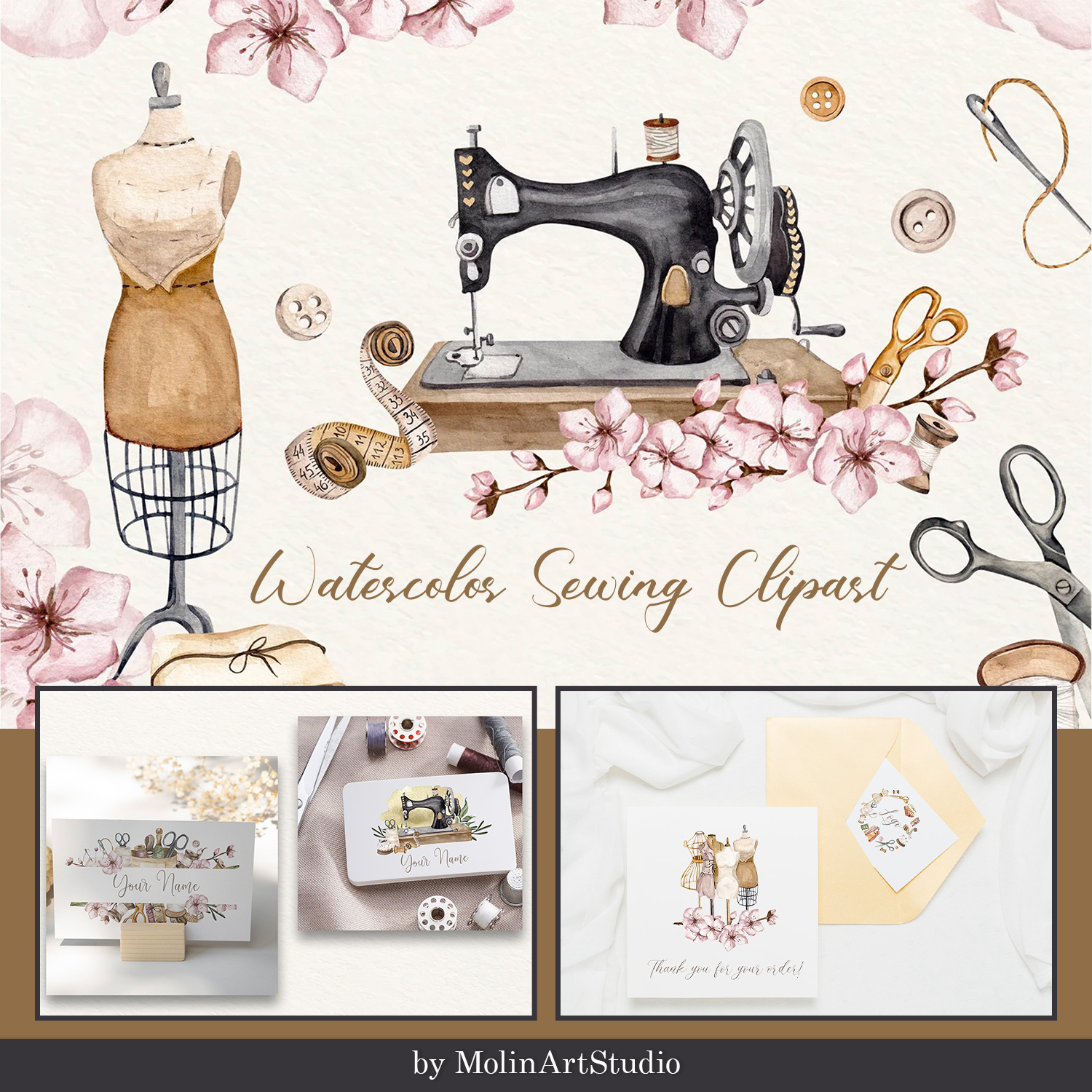 Watercolor sewing clipart preview.