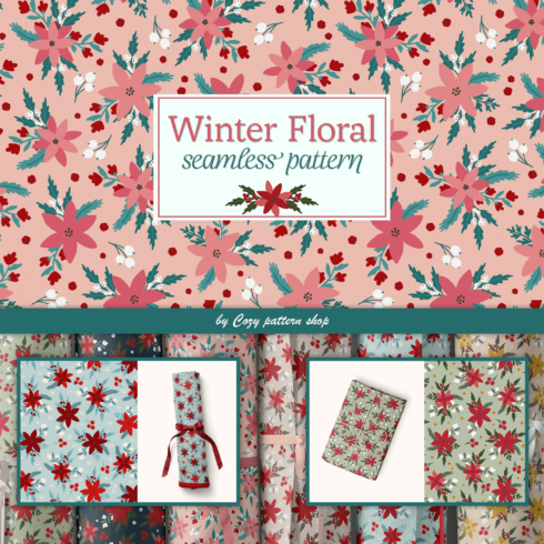 Winter plants in different colors on seamless patterns.