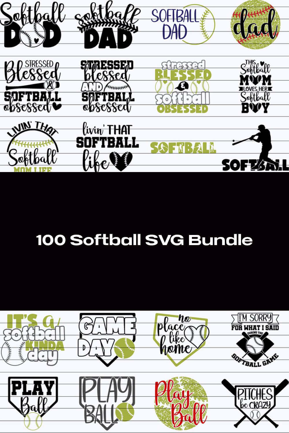 100 softball SVG Bundle on the black background.
