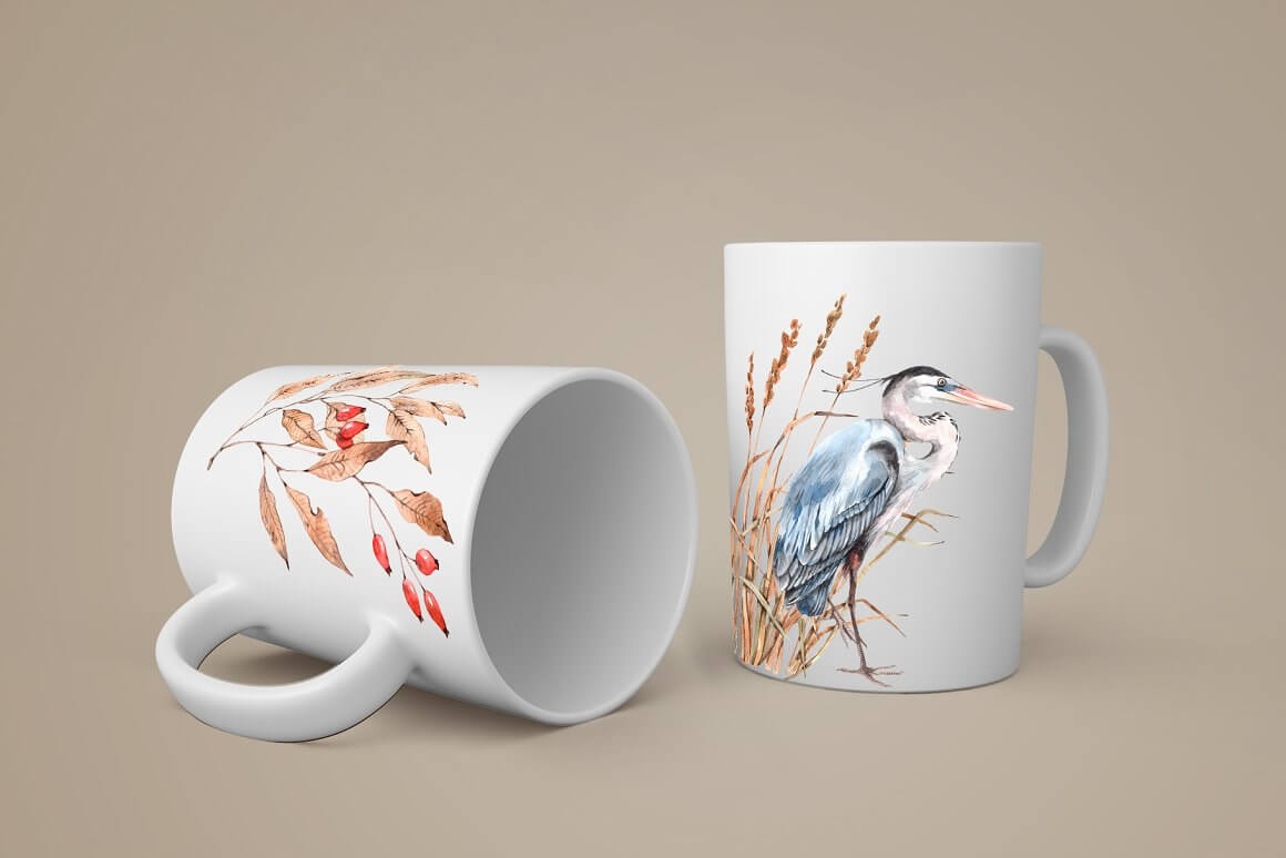 Two white cups with nature watercolor design.