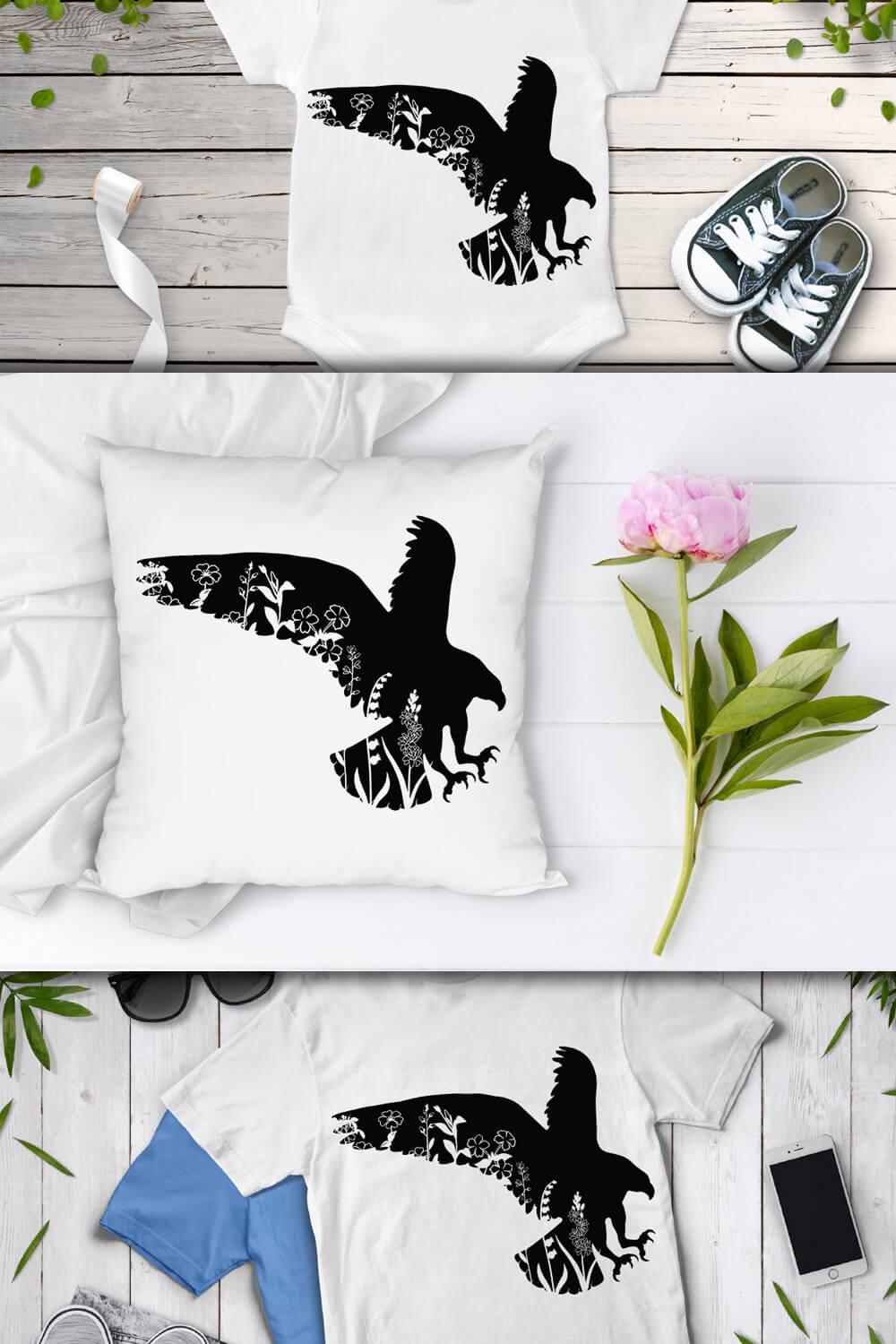 Clothes for children and adults, as well as pillows decorated with a black floral eagle.