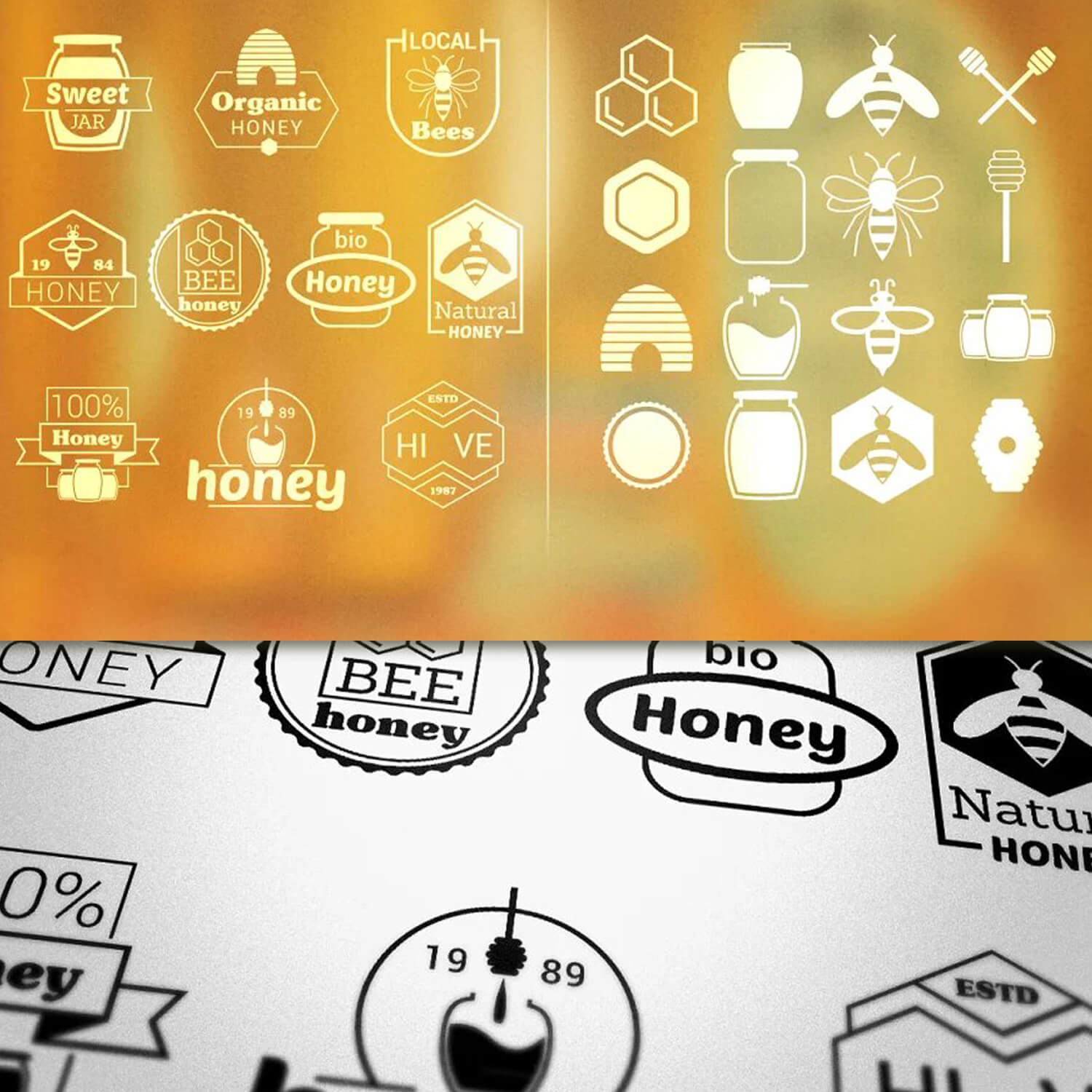 Sweet organic honey logos in black on a white background or in light beige on an orange background.