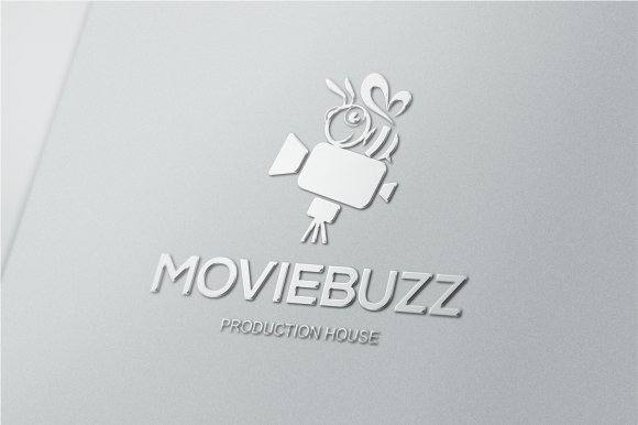 Silver volumetric moviebuzz logo with a bee and a camera on a gray background.