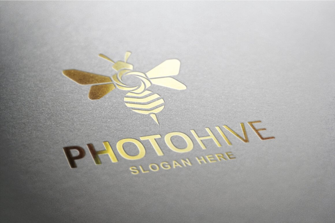 Golden bee logo on a gray background.