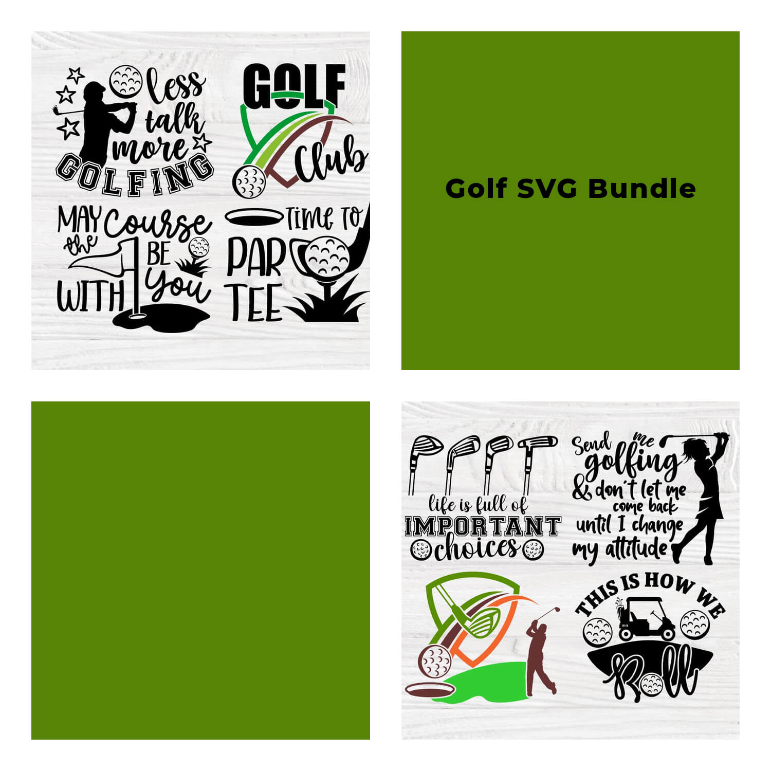Two pictures with a green background and two pictures with golf clubs and other objects with inscriptions about golf.