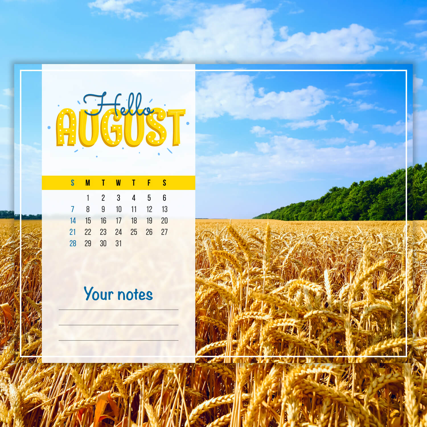 Free August Field Printable Calendar.