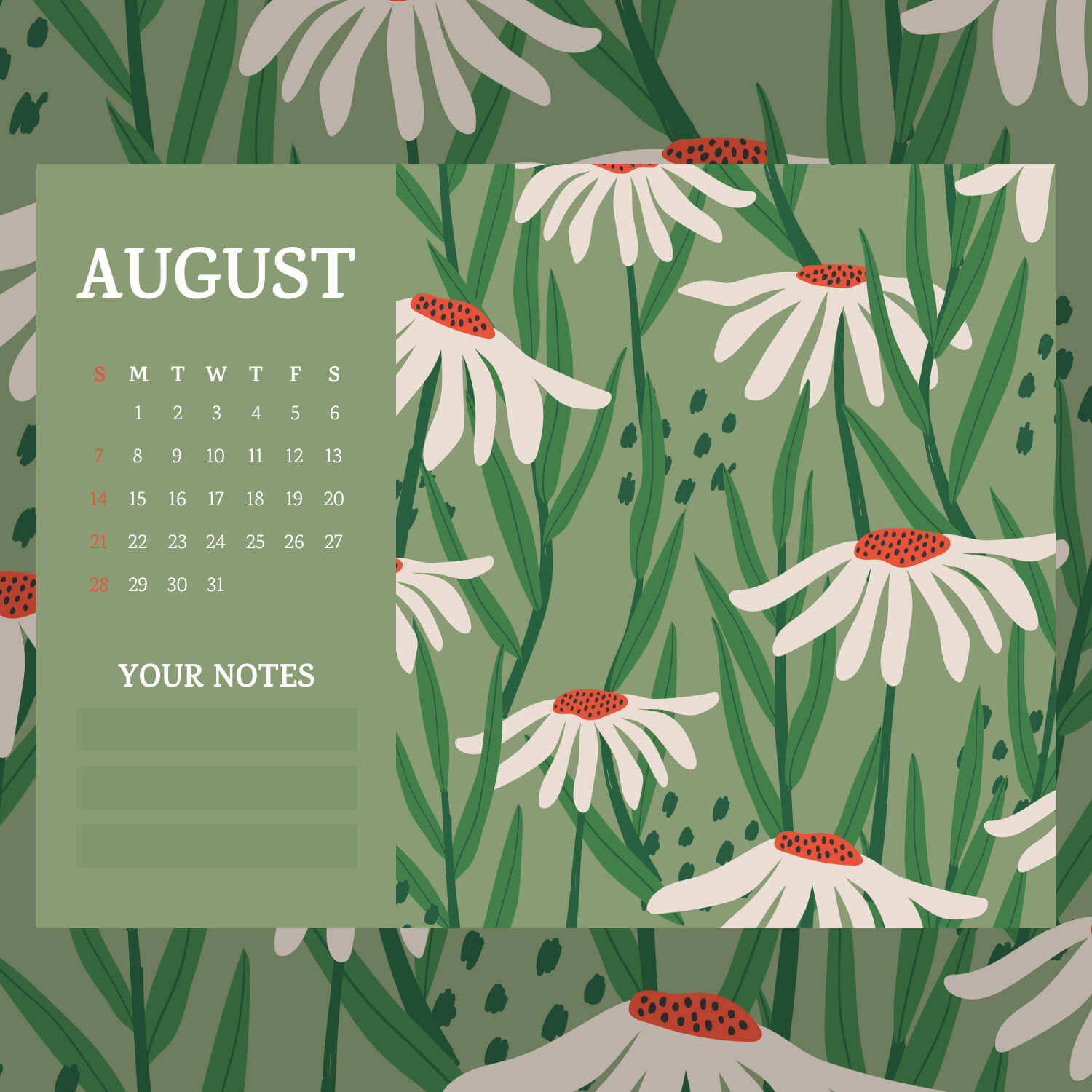 Free Chamomile August Fully Editable Printable Calendar.