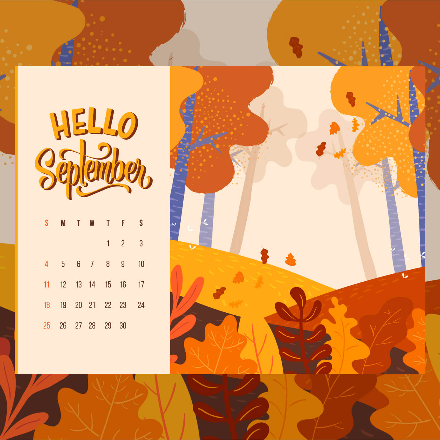 Free Editable September Trees Calendar Printable Preview Image.