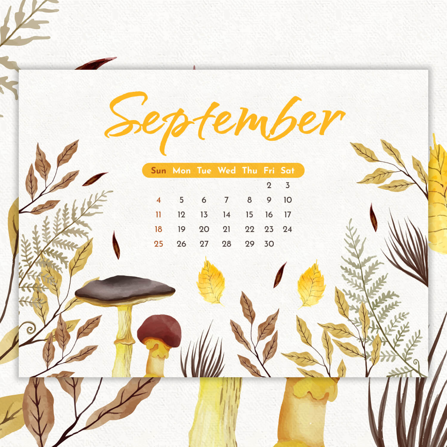 Free Printable Mushroom September Editable Calendar Preview Image.