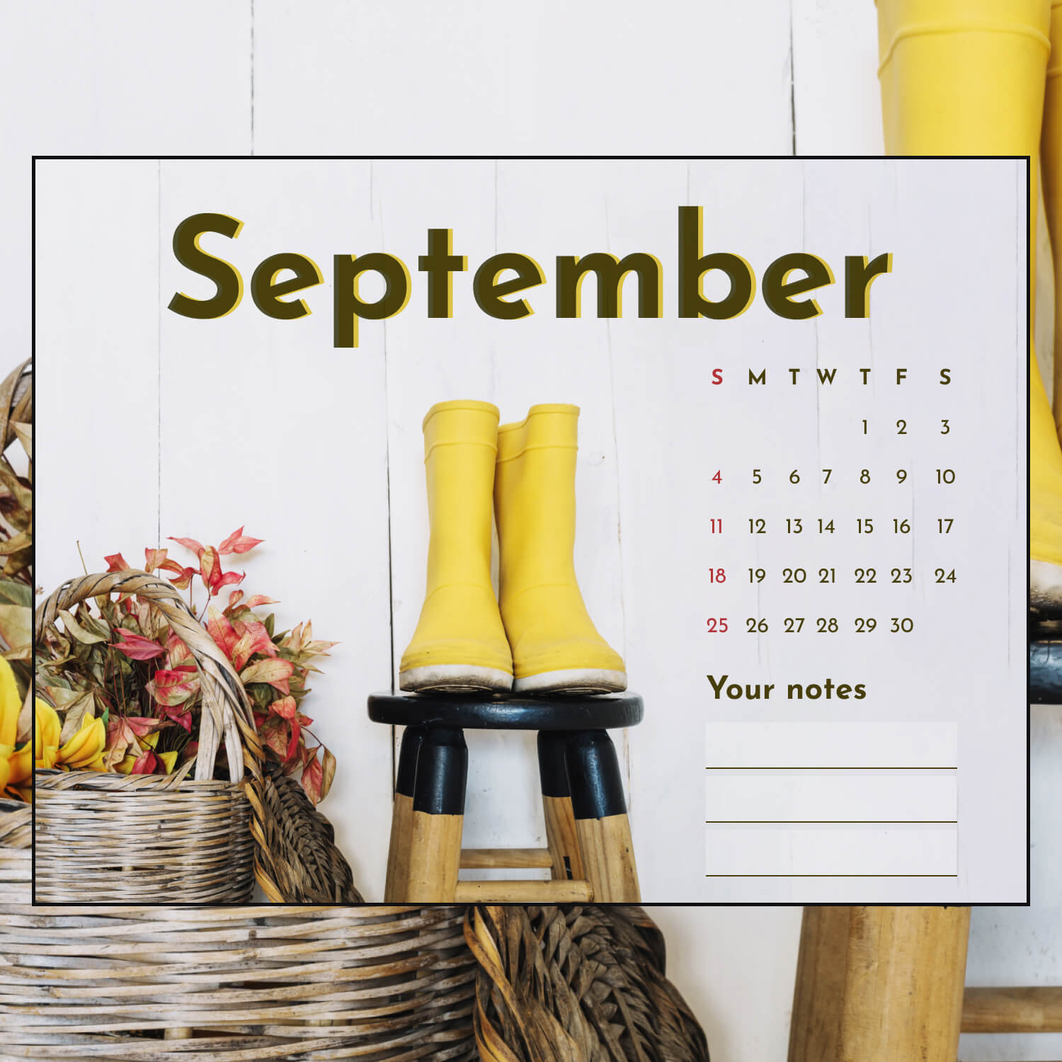 Free Editable Printable September Calendar Preview Image.