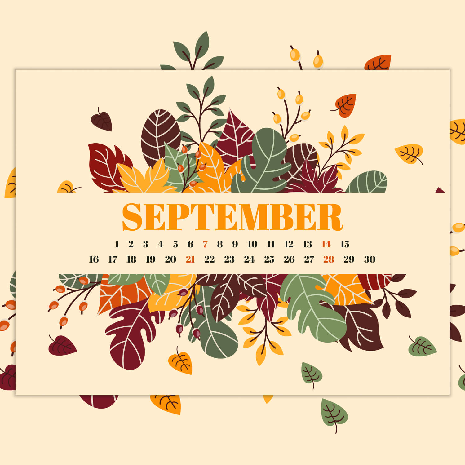 Free Editable Fall Leaves September Printable Calendar Preview Image.