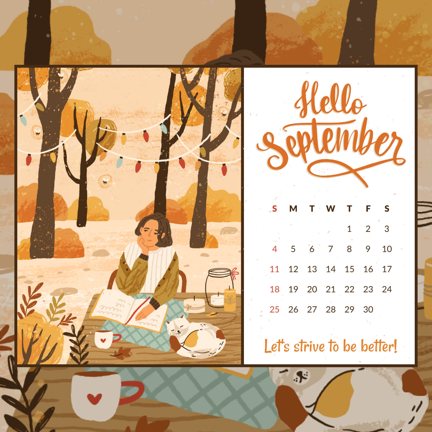 Free Printable Fall Vibe September Editable Calendar Preview Image.