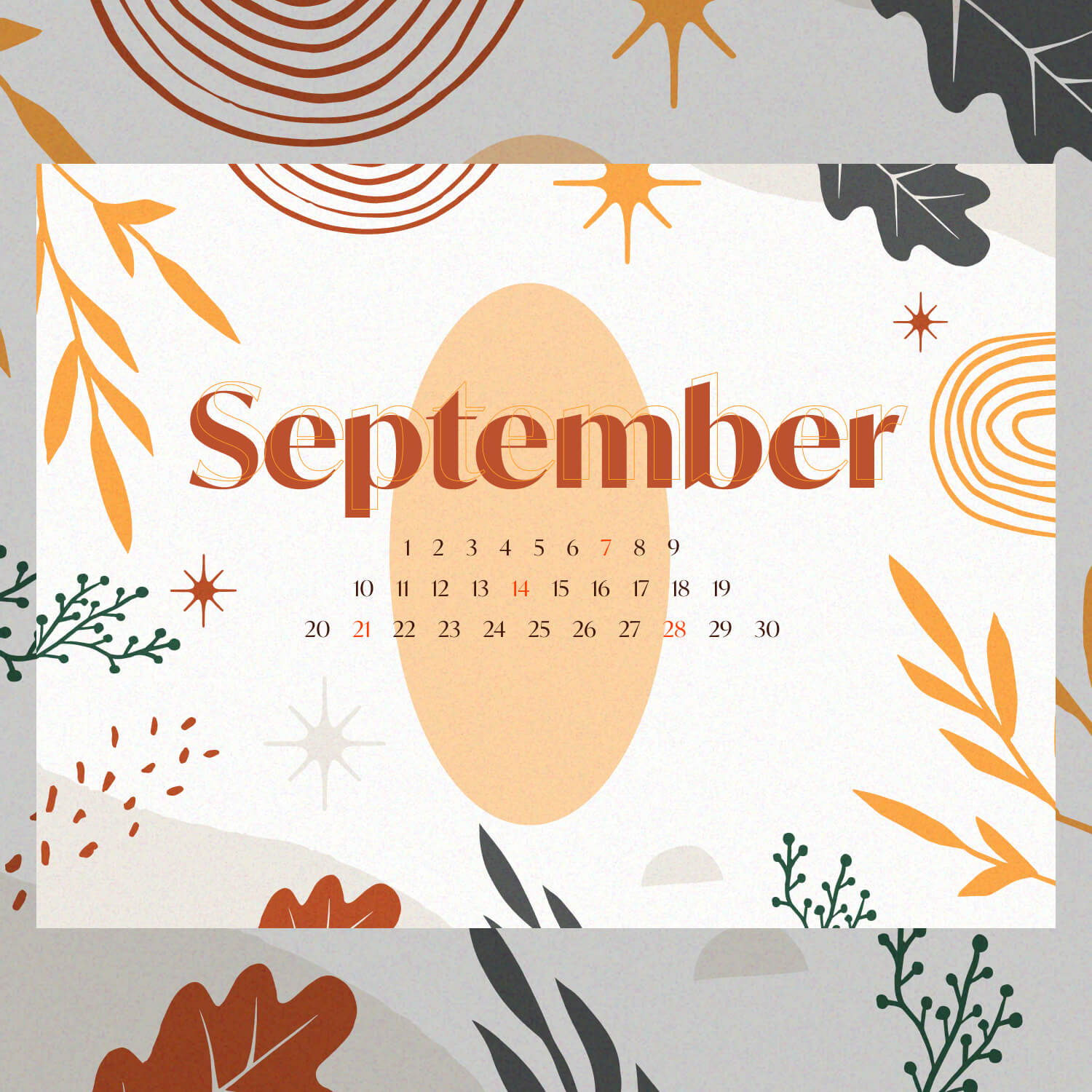 Free Printable Vector Leaves September Editable Calendar Preview Image.
