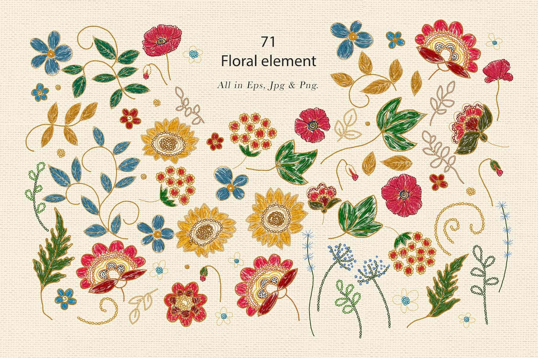 71 floral elements: flowers, leaves and other.
