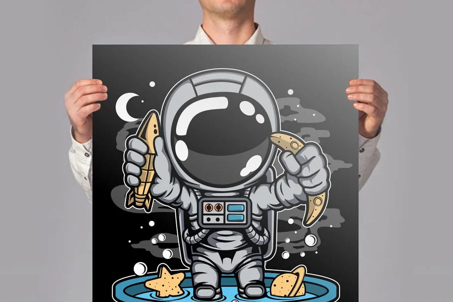 100 astronaut cartoon design bundle, astronaut with banana and rocket mockup.