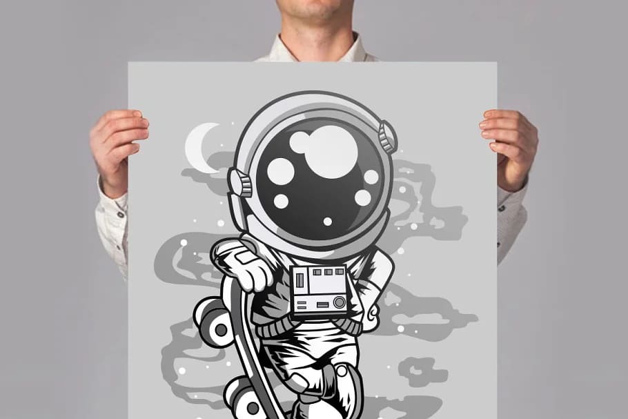 100 astronaut cartoon design bundle, astronaut with skateboard mockup.