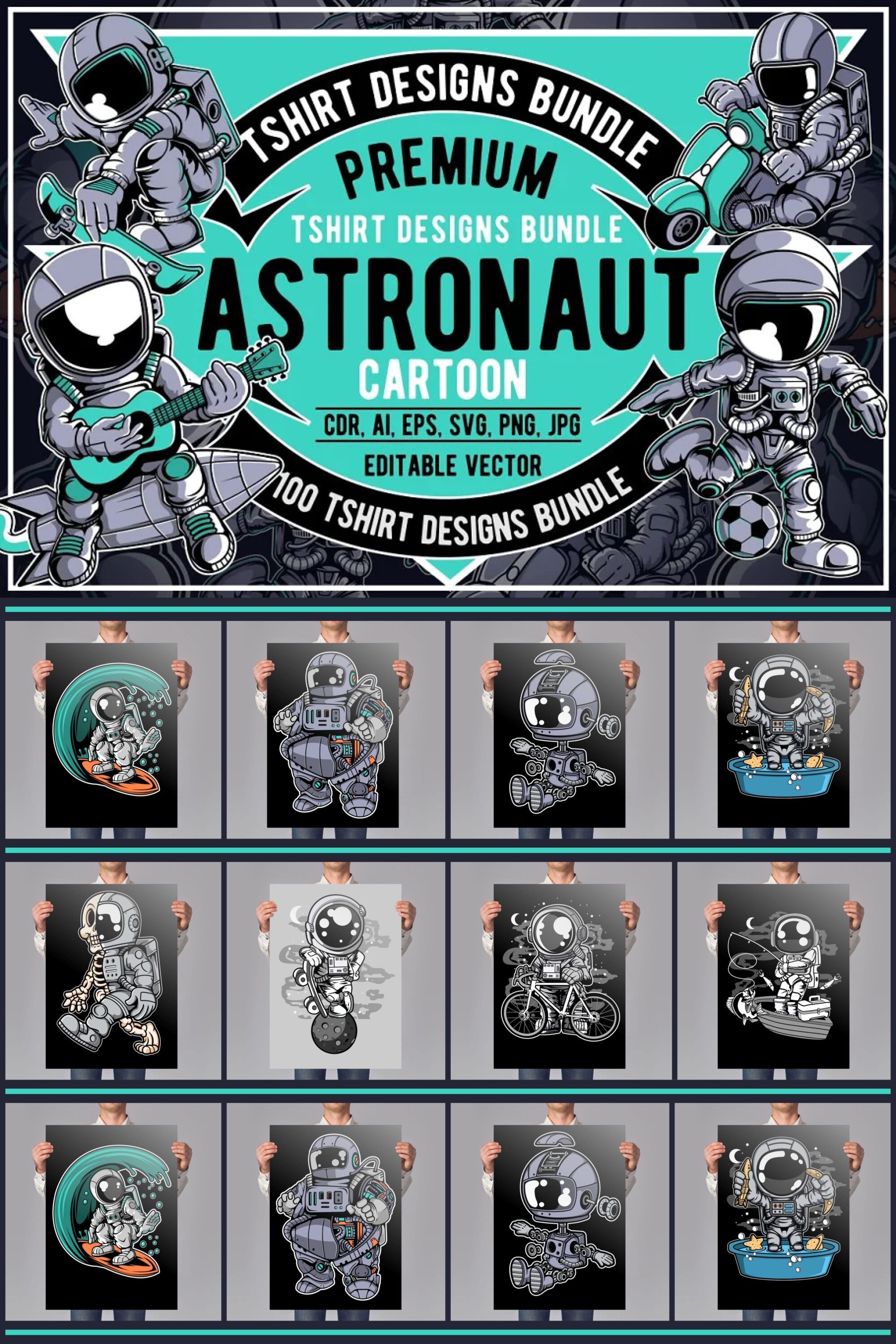 100 Astronaut Cartoon Designs Bundle pinterest image.