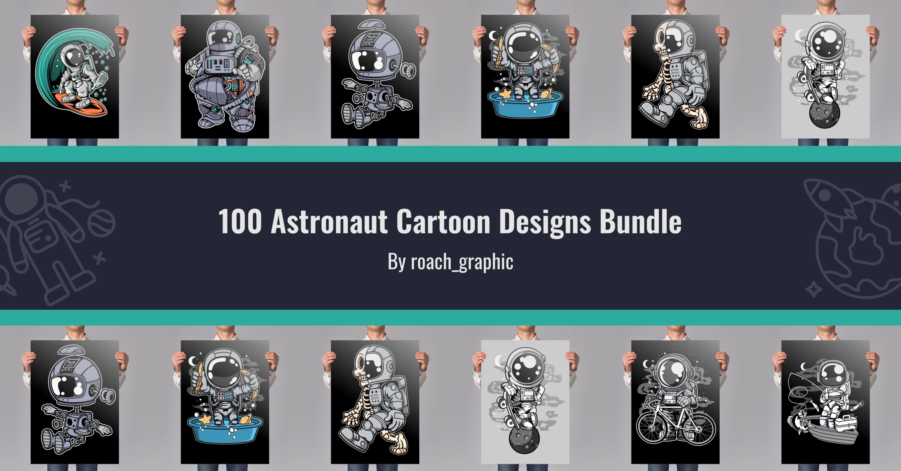 100 Astronaut Cartoon Designs Bundle facebook image.