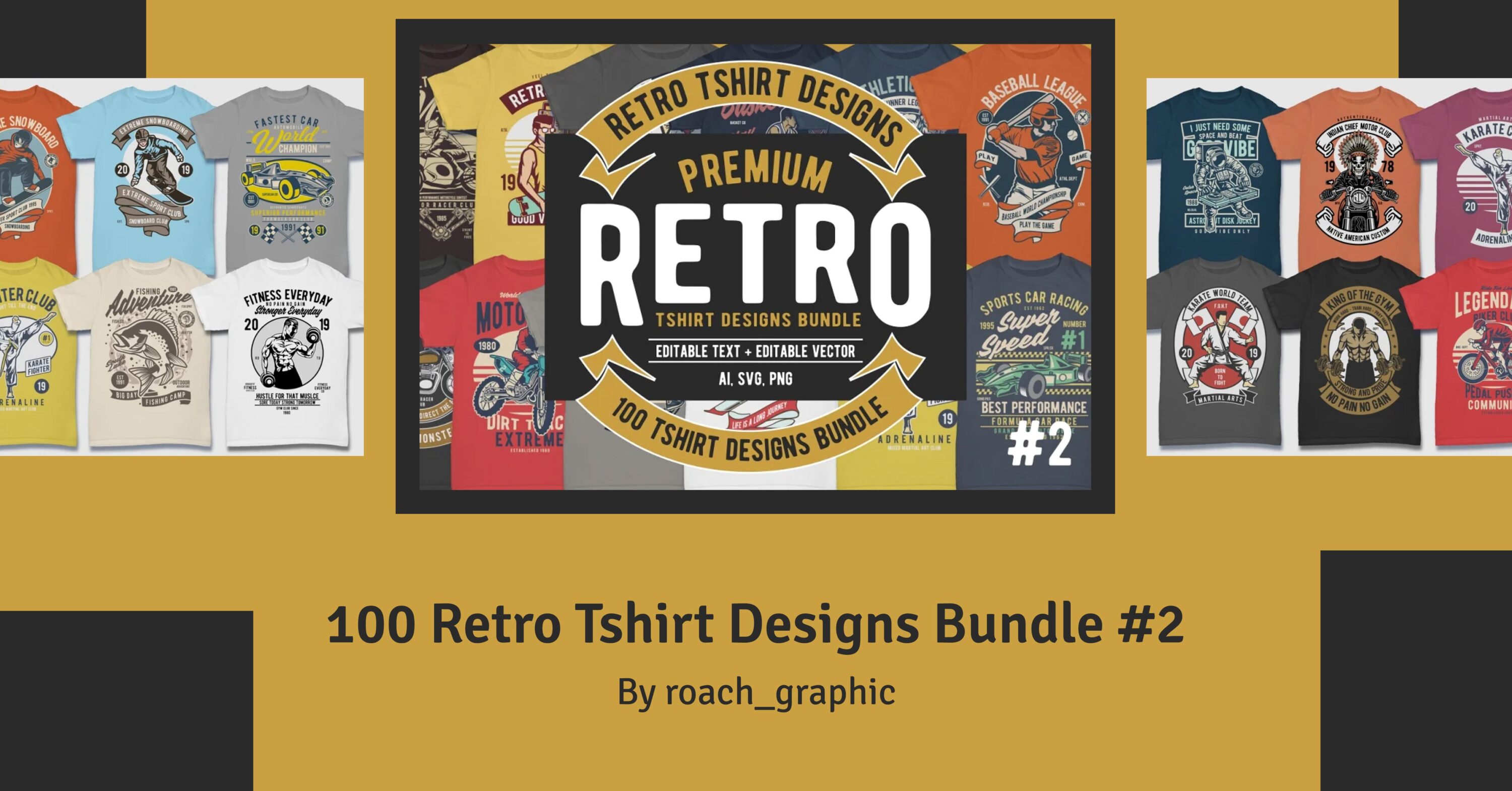 100 Retro Tshirt Designs Bundle #2 facebook image.