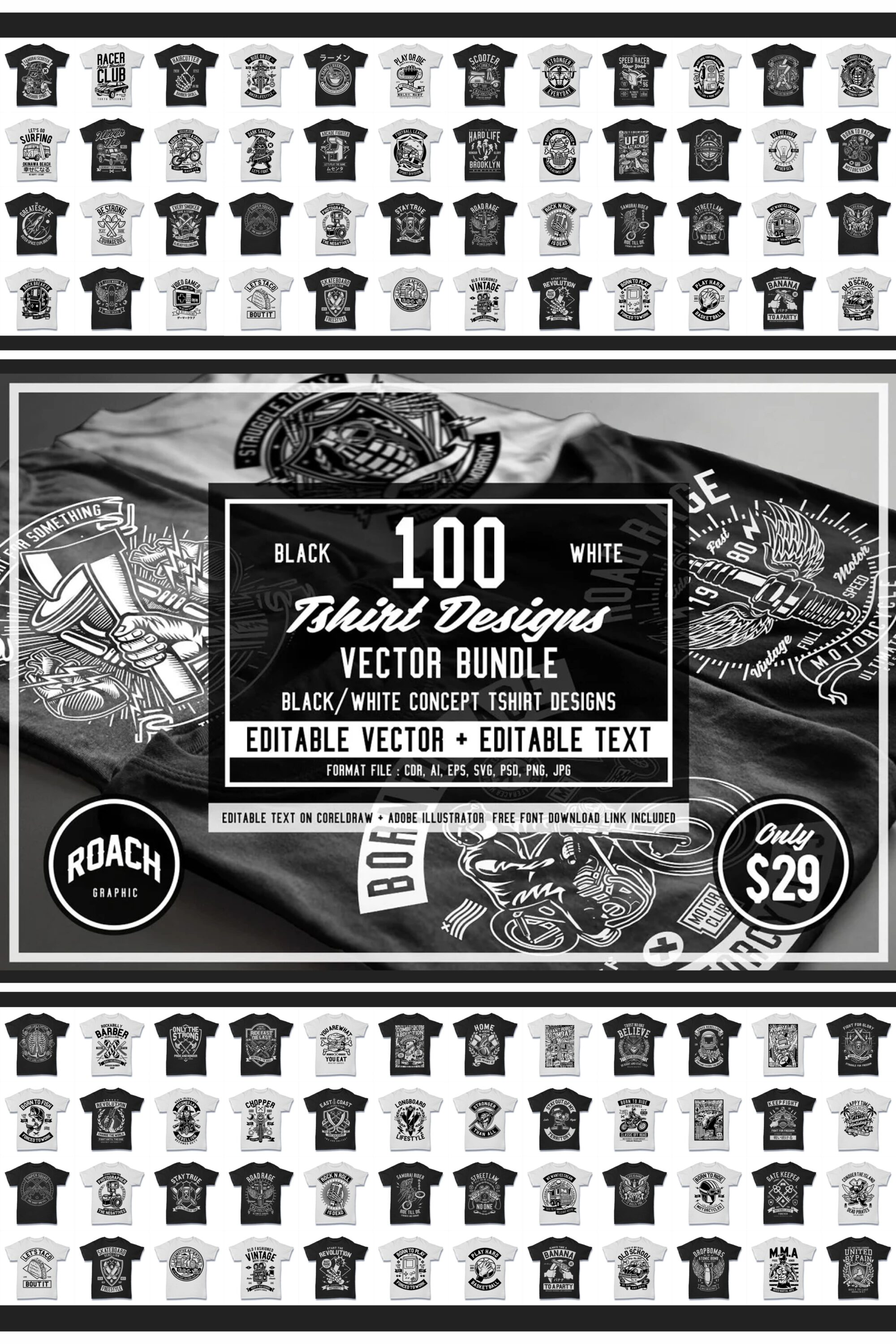 100 Vector Tshirt Designs ( B/W ) pinterest image.