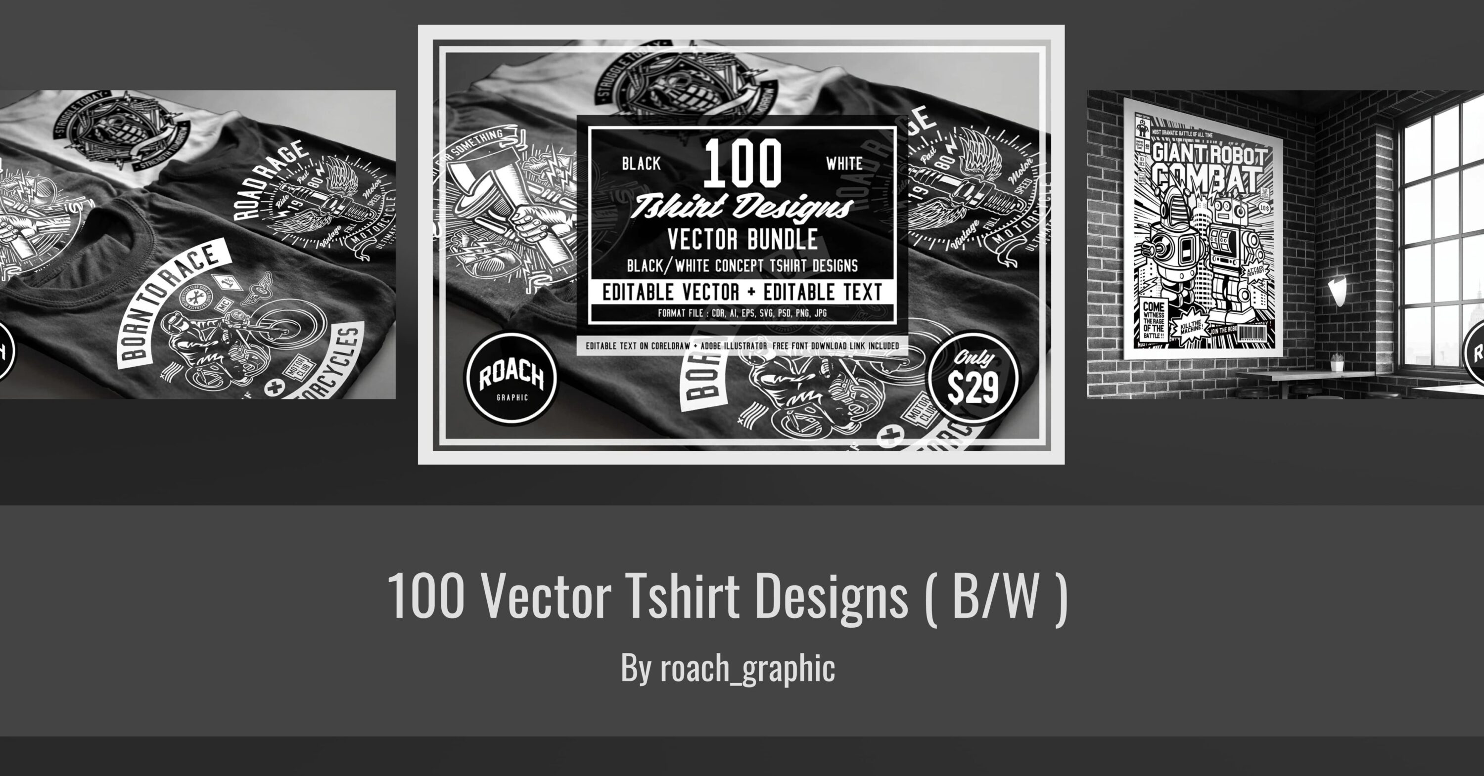 100 Vector Tshirt Designs ( B/W ) facebook image.