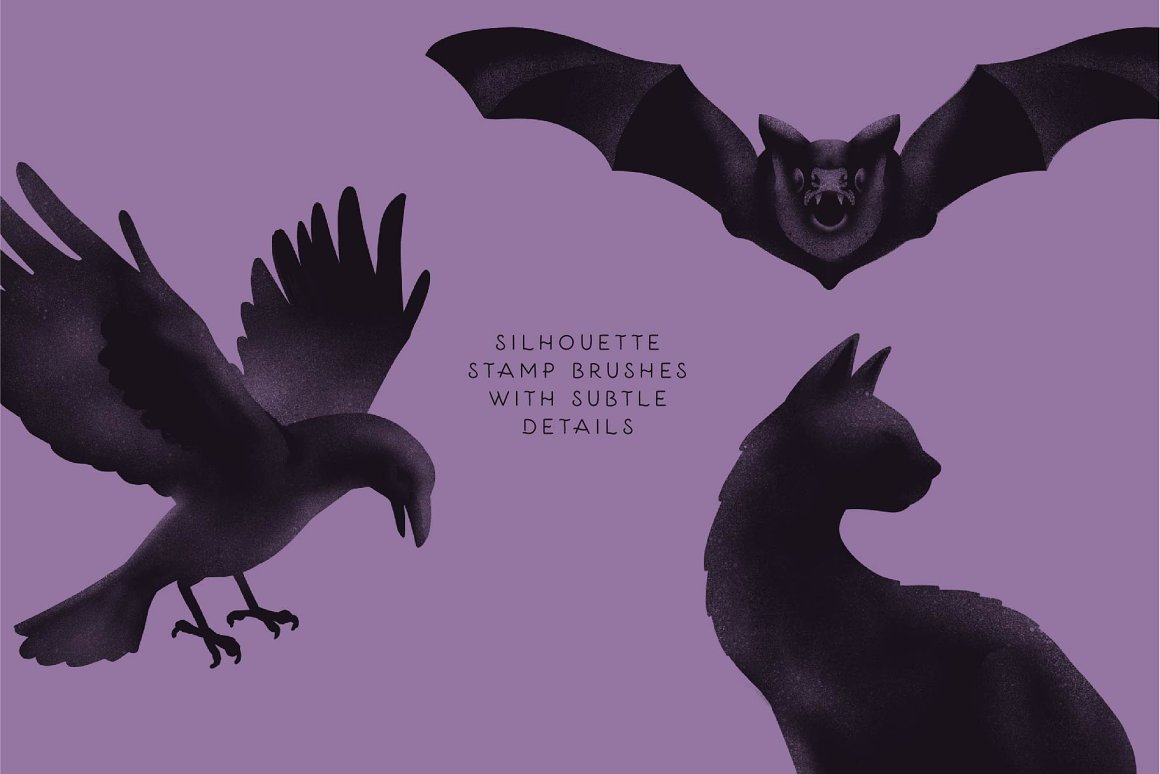 On a purple background, a crow, a cat and a bat.