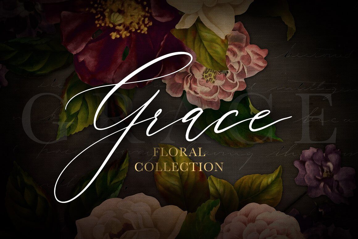 Shaded picture with flowers and inscription: Grace Floral Collection.