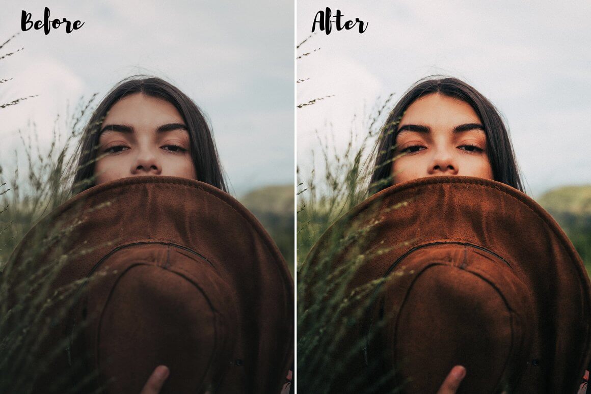 A pretty dark-haired girl is hiding behind a brown hat.