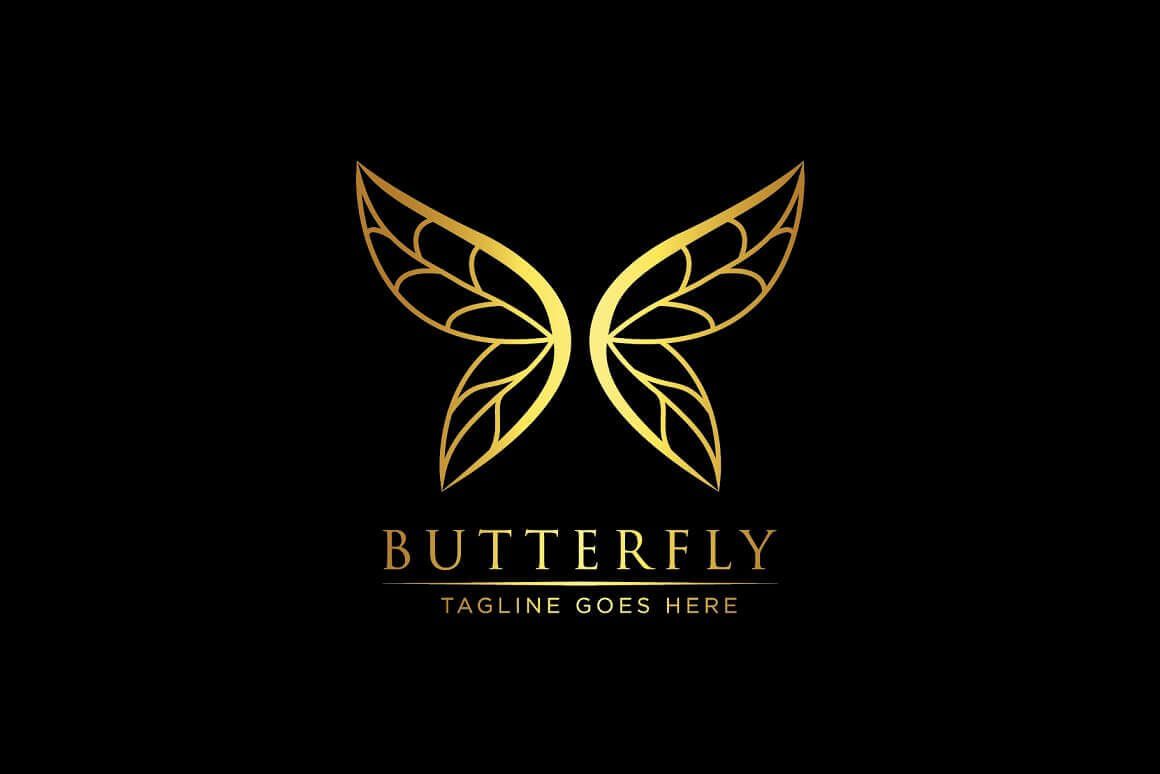 Large golden butterfly logo on a black background.