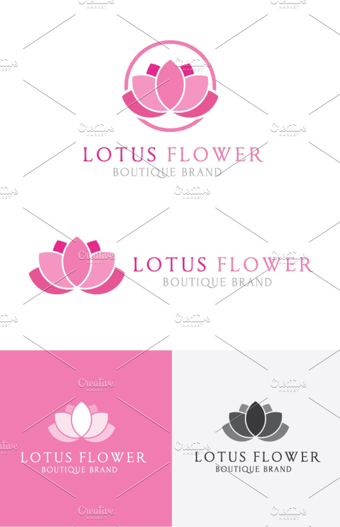 Pink lotus flower logos on white, pink and gray backgrounds.