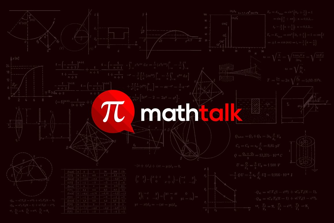 A large red and white Math Talk logo on a maroon background with geometric shapes and formulas.