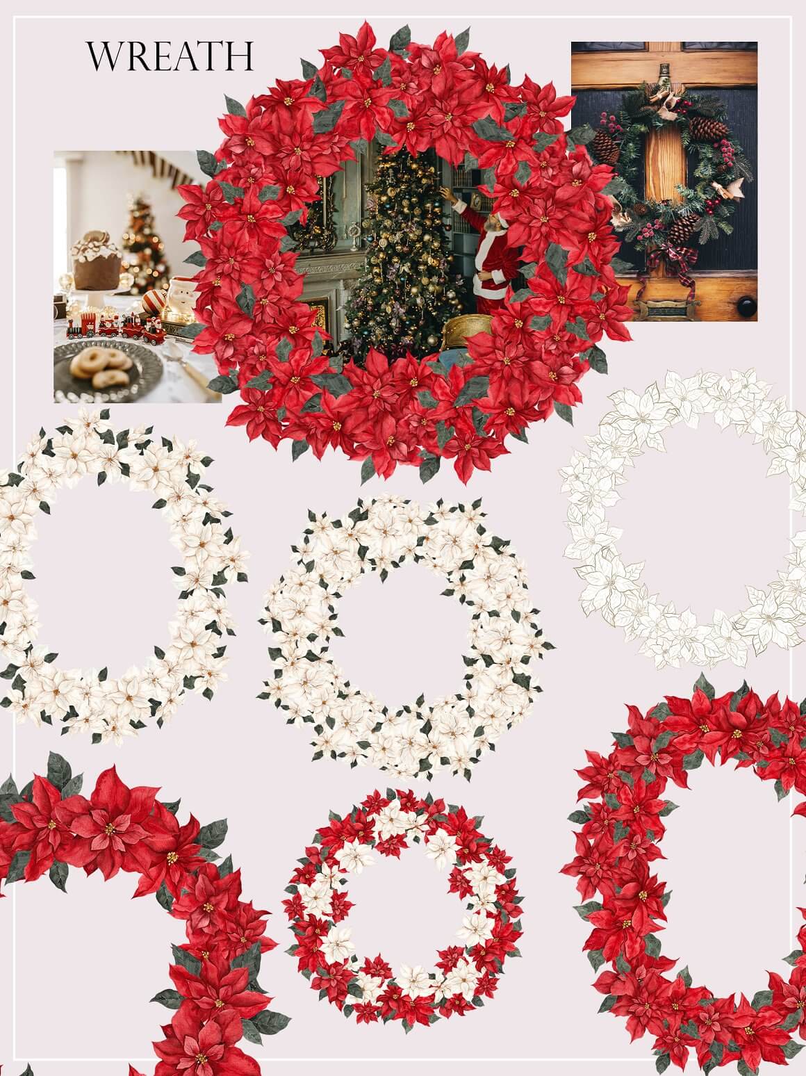 Christmas wreaths of white and red poinsettia of different diameters.