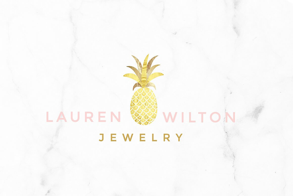 Designed with a chunky golden pineapple logo on white marble with "Lauren Wilton, Jewelry" written horizontally.
