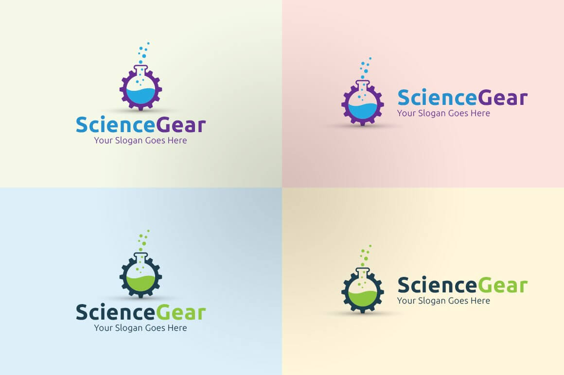 Science Gear header and logo on beige, pink, blue and yellow backgrounds.