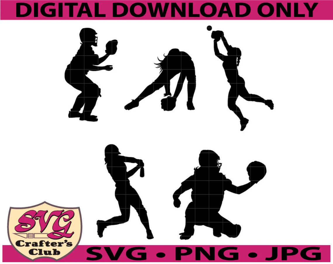 Five black silhouettes of cricket players and the logo of the author "SVG Crafter's Club".