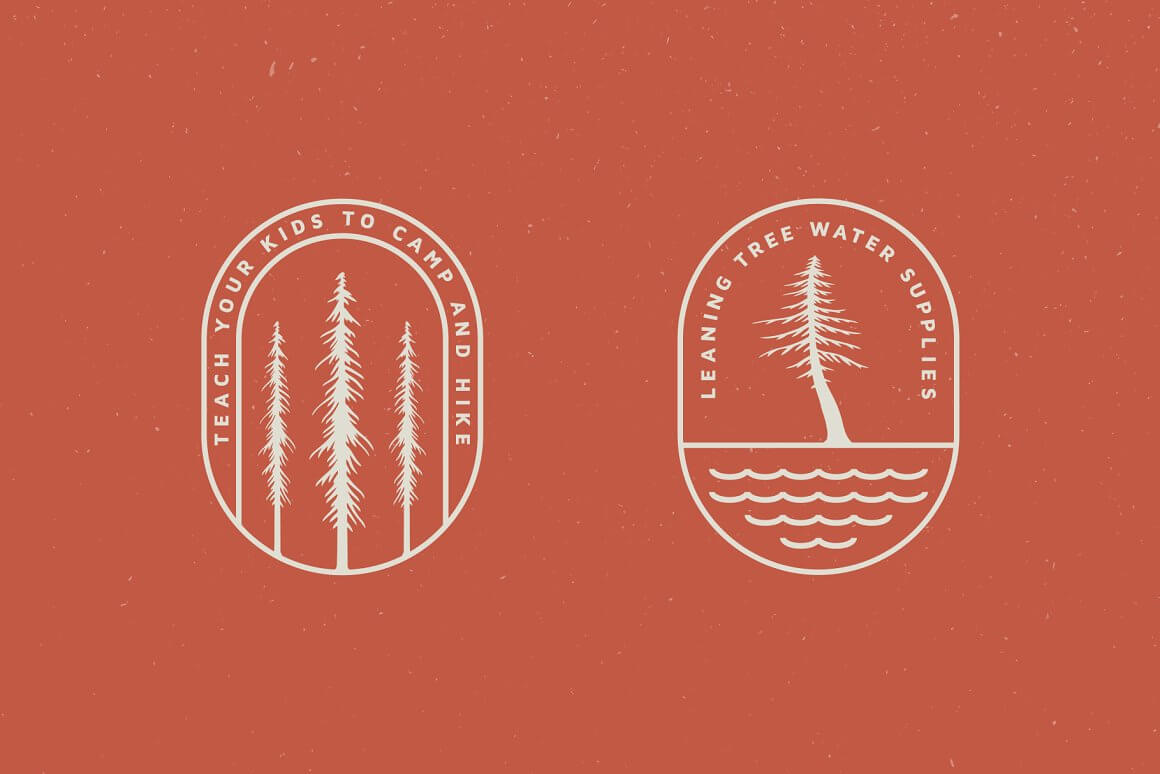 Two large oval white logos with vintage trees and names on an aged red background.
