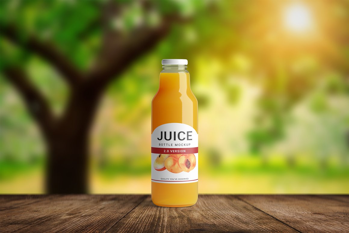 Orange juice bottle on a board.