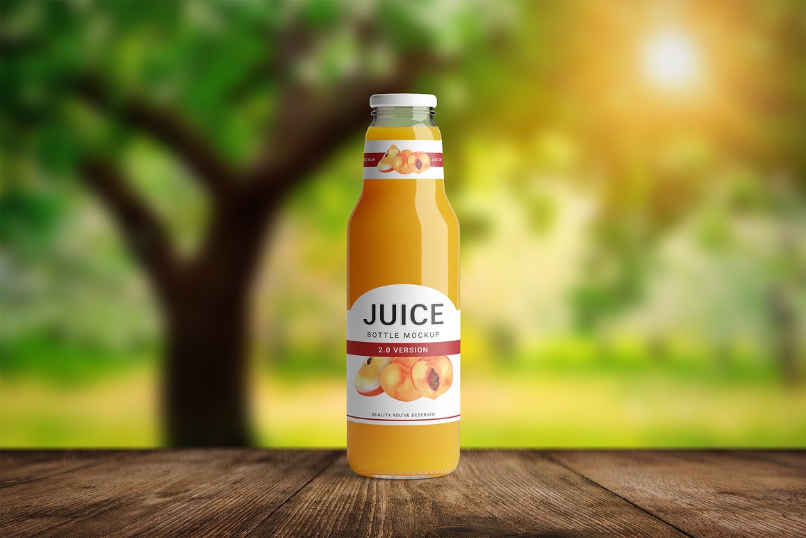 Orange juice bottle on a board.