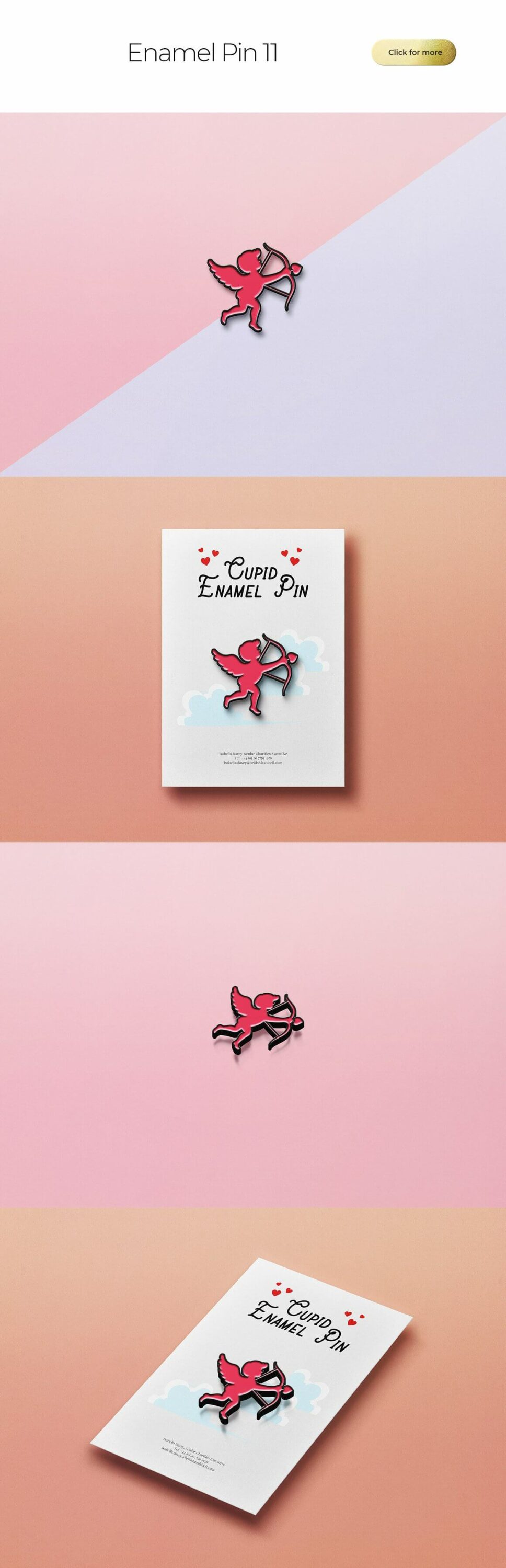 Cupid enamel pin on the pink and blue backgrounds.