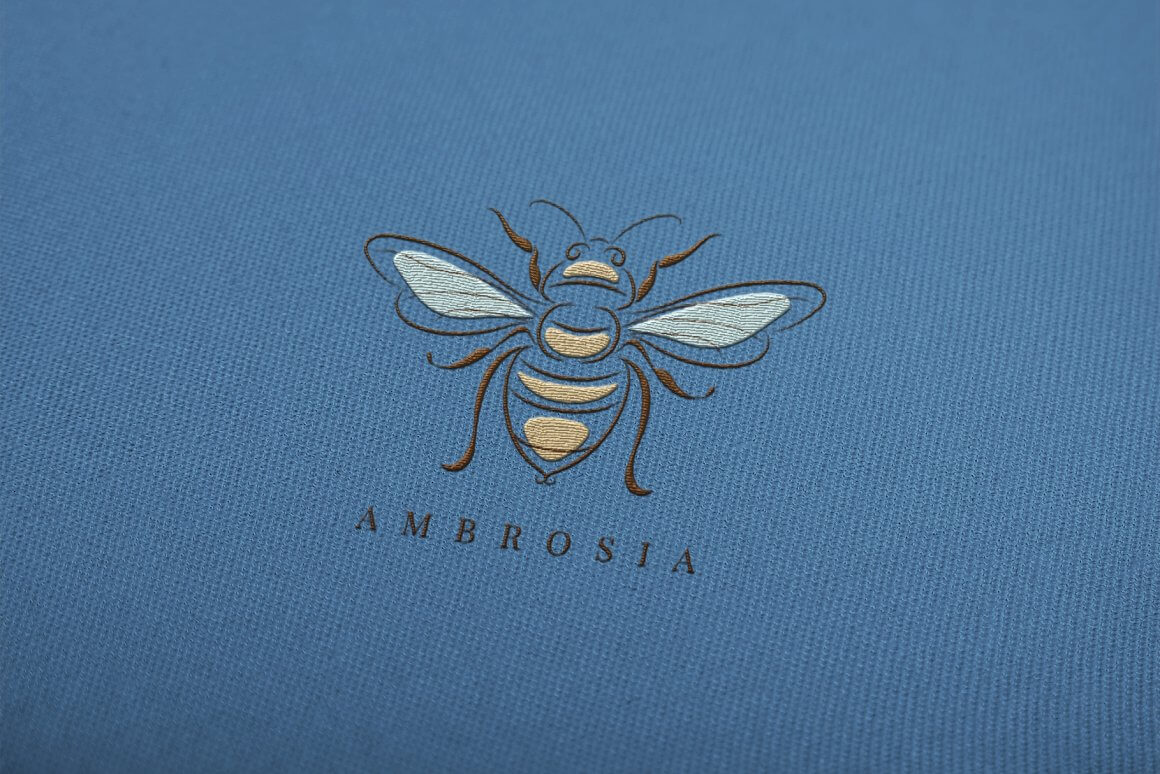 Ambrosia logo on blue fabric.