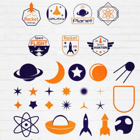 Rockets, planets, stars are depicted on a white background.