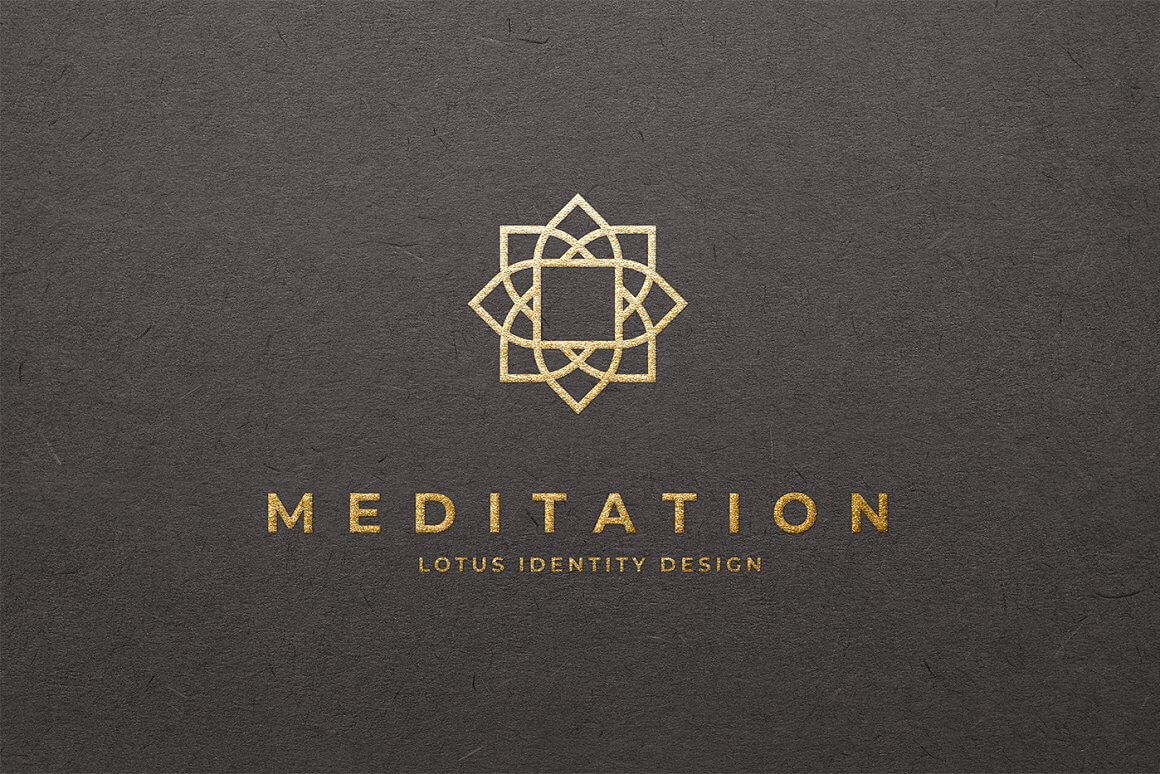 Logo with the image of a golden lotus and the inscription Meditation on a black matte background.