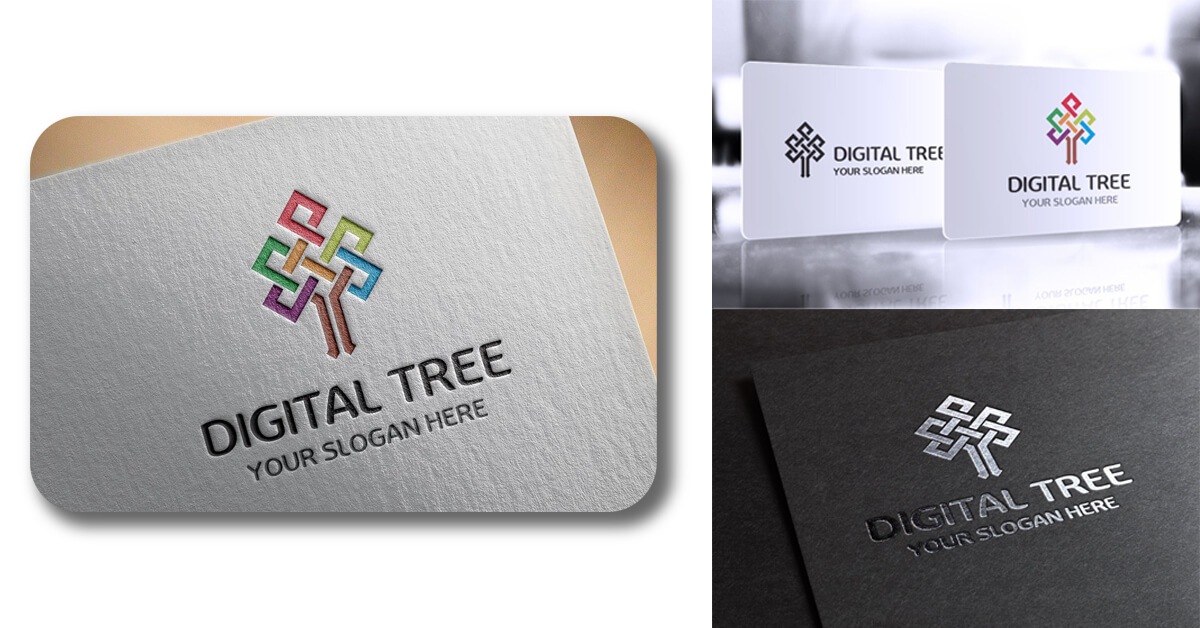 Geometric digital tree logo on white and black backgrounds.
