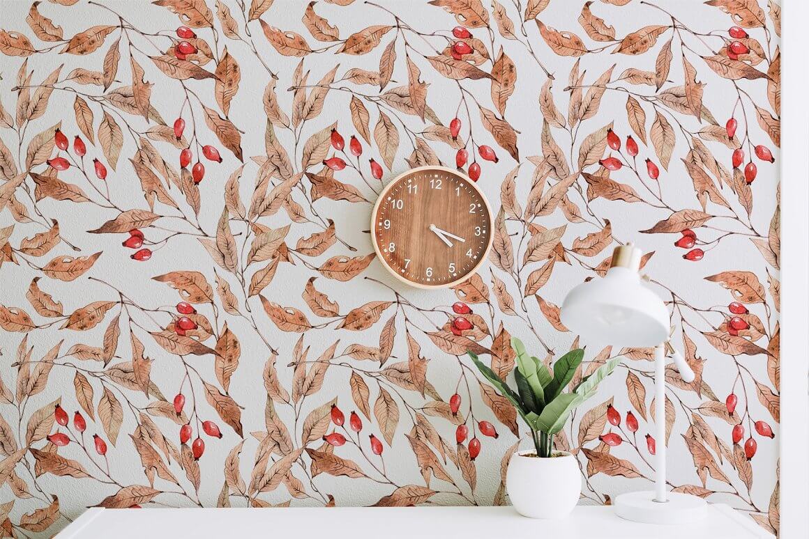 Wallpaper with watercolor pattern of dry leaves.